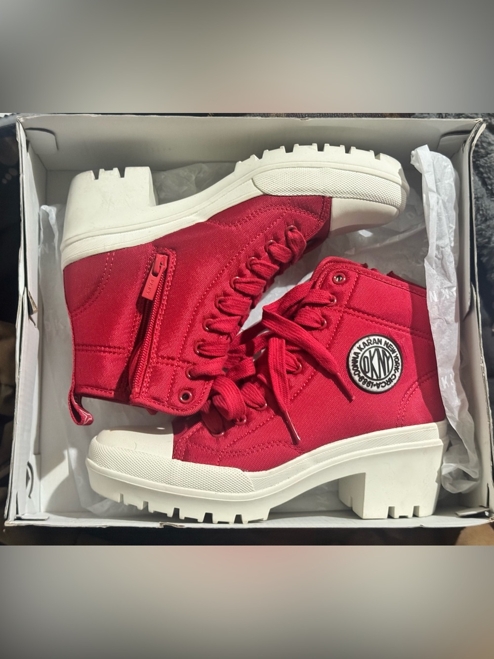 DKNY Red Canvas High-Top Platform Lace-Up Boots